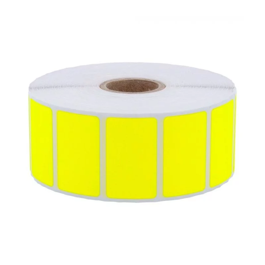 2 000 Étiquettes 38 x 23 mm - Papier Velin JAUNE FLUO Permanent - Mandrin Ø25mm.