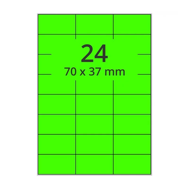 100 planches étiquettes A4 papier VERT FLUO - 70 x 37mm