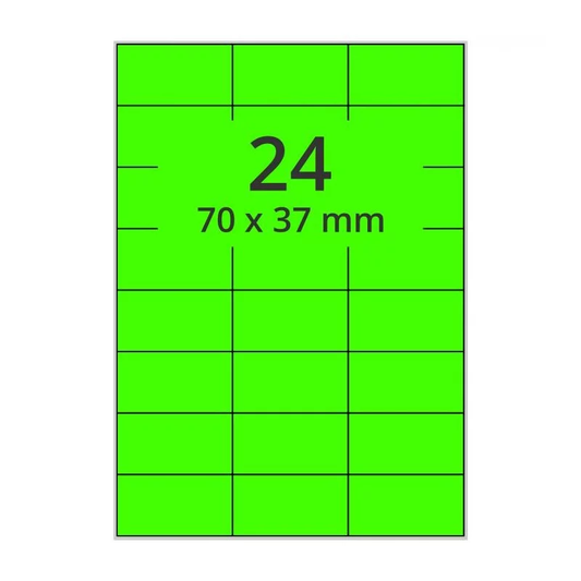 100 planches étiquettes A4 papier VERT FLUO - 70 x 37mm