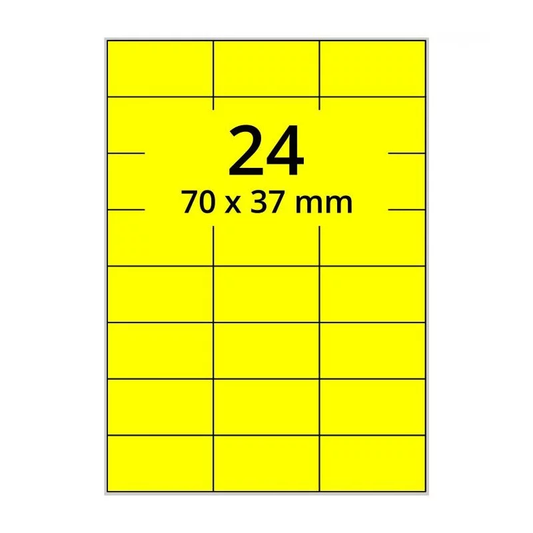 100 planches étiquettes A4 papier JAUNE FLUO - 70 x 37mm